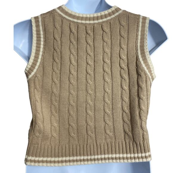 Shein tan oversized cropped v-neck cable knit sweater vest with cream trim Small - Picture 5 of 8